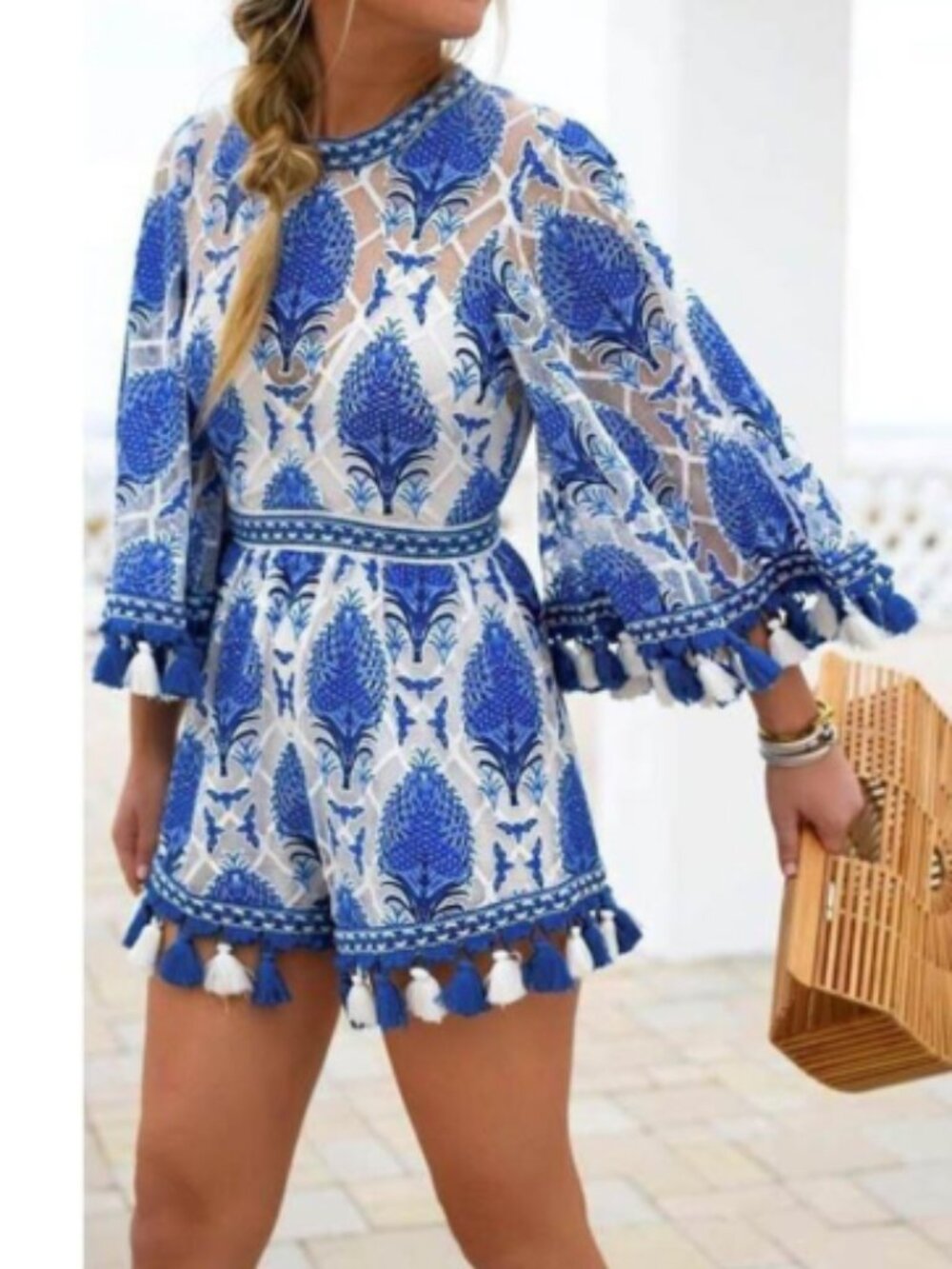 Goodnight Macaroon Embroidered Romper Tassel Fun Print Shorts Size Medium NWT